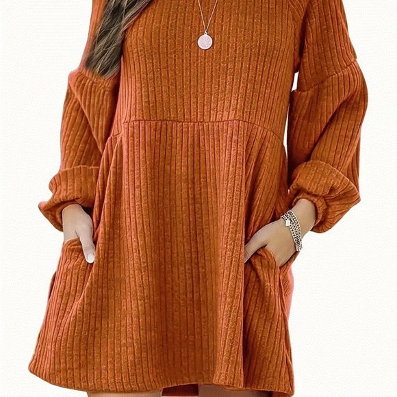 Temu Dresses & Skirts - Orange Dress Ribbed with lantern Sleeve has pockets